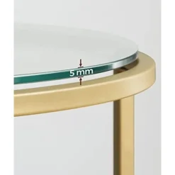 Vasagle rundt sidebord, hærdet glas sofabord med gylden metalram, lille sofabord, guld