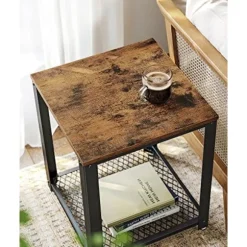 Vasagle sidebord, industrielt endebord, sofabord, med metalram, let at samle, brun og sort