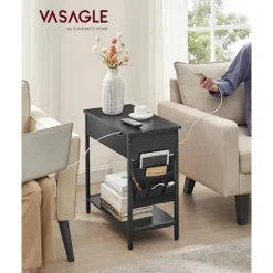 Vasagle sidebord med strømskinne, med USB-porte, sengebord, sort træeffekt