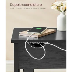 Vasagle sidebord med strømskinne, med USB-porte, sengebord, sort træeffekt