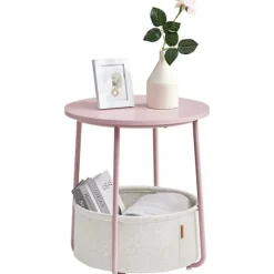 Vasagle sidebord, rundt sidebord med stofkurv, sengebord, pastelrosa/skyhvid