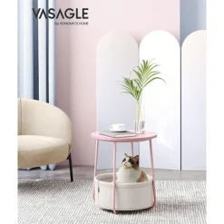 Vasagle sidebord, rundt sidebord med stofkurv, sengebord, pastelrosa/skyhvid