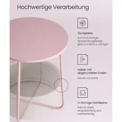 Vasagle sidebord, rundt sidebord med stofkurv, sengebord, pastelrosa/skyhvid