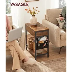 Vasagle sidebord, sammenklappeligt sengebord med stikkontakt, sammenklappelig bordplade, brun sort
