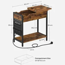 Vasagle sidebord, sammenklappeligt sengebord med stikkontakt, sammenklappelig bordplade, brun sort
