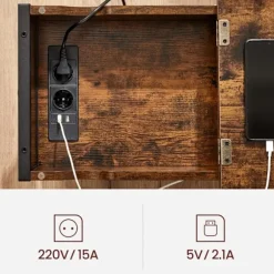 Vasagle sidebord, sammenklappeligt sengebord med stikkontakt, sammenklappelig bordplade, brun sort