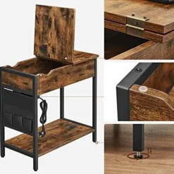 Vasagle sidebord, sammenklappeligt sengebord med stikkontakt, sammenklappelig bordplade, brun sort