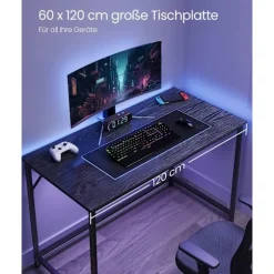 Vasagle skrivebord, lille computerbord, skrivebord, 60 x 120 x 75 cm, metalram, sort
