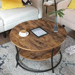 Vasagle sofabord, rundt cocktailbord med hylde, rustik brun