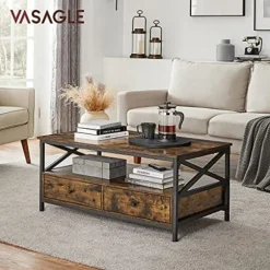 VASAGLE sofabord, stuebord, X-formet stålstel, 100 x 55 x 45 cm, brun og sort