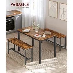 Vasagle spisebord med 2 bænke, 3-delt sæt, køkkenbord, rustik brun og sort