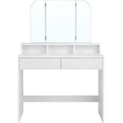 Vasagle toiletbord med tri-fold spejl, makeupbord med 2 skuffer og 3 åbne rum, hvid