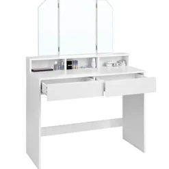 Vasagle toiletbord med tri-fold spejl, makeupbord med 2 skuffer og 3 åbne rum, hvid