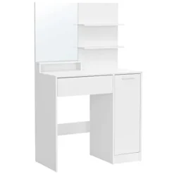 Vasagle toiletbord, sminkbord, forfængelighedsbord med spejl, 1 skuffe, 2 hylder, hvid