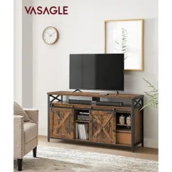 VASAGLE TV-skab, 65 tommer TV-stativ, med justerbare hylder, ladeportdøre, rustik brun og sort