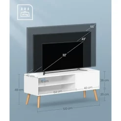 VASAGLE TV-skab, Lowboard TV-skab til TV op til 55 tommer 120 cm lang, hvid
