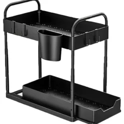 Vask Organiser - 2 Lag - Vask Skabs Organiser - Opbevaringsstativ - Opbevaringssystem - Opbevaringsstativ Under Vask - Udtrækkelig Opbevaringskurv - Inklusive Krog | Fyndiq