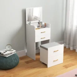 Vaskebordssæt med spejl, natbord, skammel, hvid