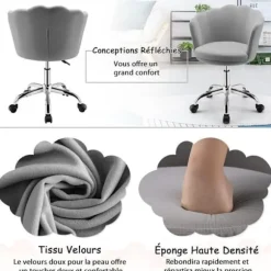Velvet Swivel Kørestol - COSTWAY - Kronbladsform - Justerbar Højde - Grå Grå