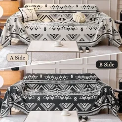 Vendbart sofabetræk Chenille Jacquard Geometrisk Boho Sofabetræk, Beige Sort Sofa Betræk til Sektionssofa Chic Møbelbeskyttelse 180x150-FQ6-