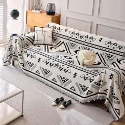 Vendbart sofabetræk Chenille Jacquard Geometrisk Boho Sofabetræk, Beige Sort Sofa Betræk til Sektionssofa Chic Møbelbeskyttelse 180x150-FQ6-