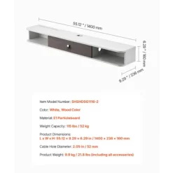 Væghængt TV-møbel - DUOKU - 140 cm - Hvid - Til DVD-afspiller og Spillekonsol - 52 mm kabelhul