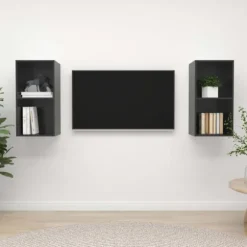 Væghængt TV-møbel - Eksklusiv Hus - Glansgrå - Ingeniørtræ - Sæt med 2 stk. glänsande grå