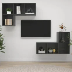 Væghængt TV-møbel - Eksklusiv Hus - 4 dele - Glansgrå - Ingeniørtræ glänsande grå