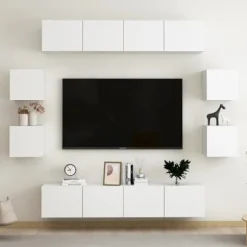 Væghængt TV-møbel - Eksklusiv Hus - Mat Hvid - Ingeniørtræ - Sæt med 8 dele Matt vit