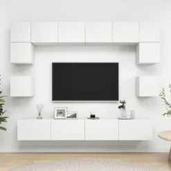 Væghængt TV-møbel - Eksklusivt hjem - Sæt med 8 dele - Mat hvid - Ingeniørtræ Matt vit