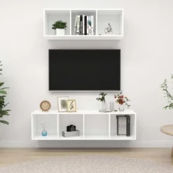 Væghængt TV-møbel - Exclusive Home Sæt - 2 dele - Mat hvid - Ingeniørtræ - Stor opbevaring Matt vit