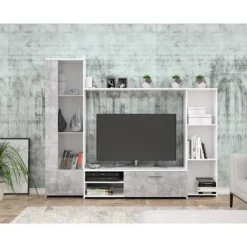 Væghængt tv-møbel - Mat hvid og lys beton - glasdør + 5 nicher - Moderne - L 220,4 x D41,3 x H177,5 cm - PILVI Matt vit / ljusgrå betonglook