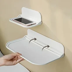 Vægmonteret foldbar hylde, borefri foldbar opbevaringshylde i plast til badeværelse, køkken, soveværelse, pladsbesparende organizer