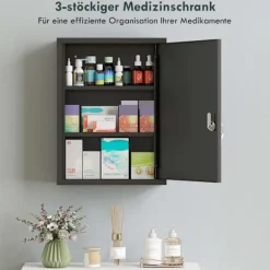 Vægmonteret medicinskab i stål med lås, 3 hylder, sort