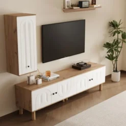 【Vindue 3-lg. Hvid】 Highboard, 2 skabe & vægplade med træaccenter & udskæringer White