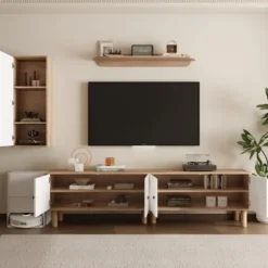 【Vindue 3-lg. Hvid】 Highboard, 2 skabe & vægplade med træaccenter & udskæringer White