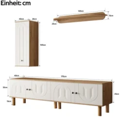 【Vindue 3-lg. Hvid】 Highboard, 2 skabe & vægplade med træaccenter & udskæringer White