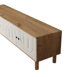 【Vindue 3-lg. Hvid】 Highboard, 2 skabe & vægplade med træaccenter & udskæringer White