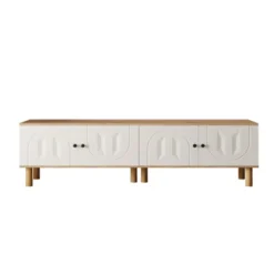 【Vindue 3-lg. Hvid】 Highboard, 2 skabe & vægplade med træaccenter & udskæringer White