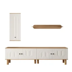 【Vindue 3-lg. Hvid】 Highboard, 2 skabe & vægplade med træaccenter & udskæringer White