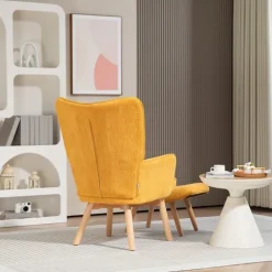 Vingestol med skammel, afslapningsstol, polstret stol i fløjlslook, loungestol, lænestol med træben, tv-stol til stuen, orange