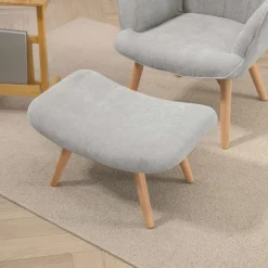 Vingestol med skammel, afslapningsstol, polstret stol i fløjlslook, lænestol, lænestol med træben, tv-stol til stue, grå