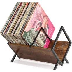 Vinyl Opbevaringshylde, 80 Vinyl Stande, 1-Tier Vinylplade med Justerbar Opdeler, Organizer til Album, Magasiner, Bøger og Mapper – Brun