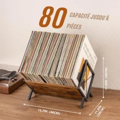 Vinyl Opbevaringshylde, 80 Vinyl Stande, 1-Tier Vinylplade med Justerbar Opdeler, Organizer til Album, Magasiner, Bøger og Mapper – Brun
