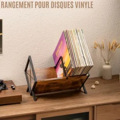 Vinyl Opbevaringshylde, 80 Vinyl Stande, 1-Tier Vinylplade med Justerbar Opdeler, Organizer til Album, Magasiner, Bøger og Mapper – Brun