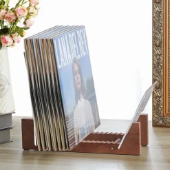 Vinylpladeholder i træ - Vinyl IP-pladeholder - Albumopbevaringsarrangør Display Stand Rack rummer op til 50 albums | DVD'er | CD'er - Brun