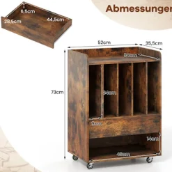 Vinylpladespillerbord med opbevaring, skuffe, hjul, brun