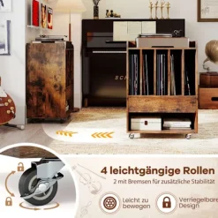 Vinylpladespillerbord med opbevaring, skuffe, hjul, brun