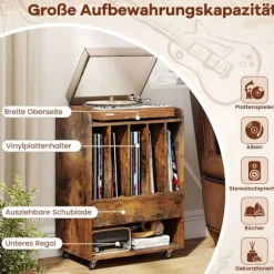 Vinylpladespillerbord med opbevaring, skuffe, hjul, brun