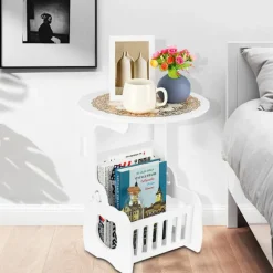 Vit Lille Rundt Sofabord Sidebord Kaffebord Skrivebord Opbevaring Organizer Hylde
